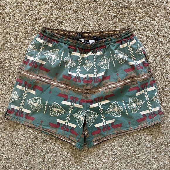 Vintage 90s Polo Sport Ralph Lauren Aztec Navajo Swim Trunks Board Shorts 5” L